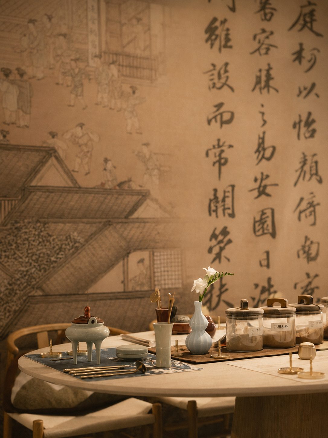 An incense and tea table setting in the studio.