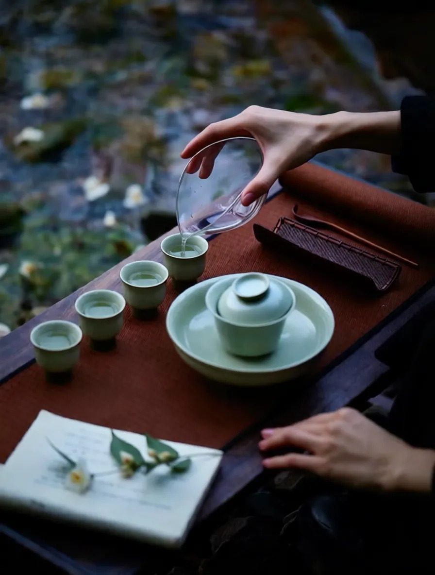 A quiet tea ceremony beside still water