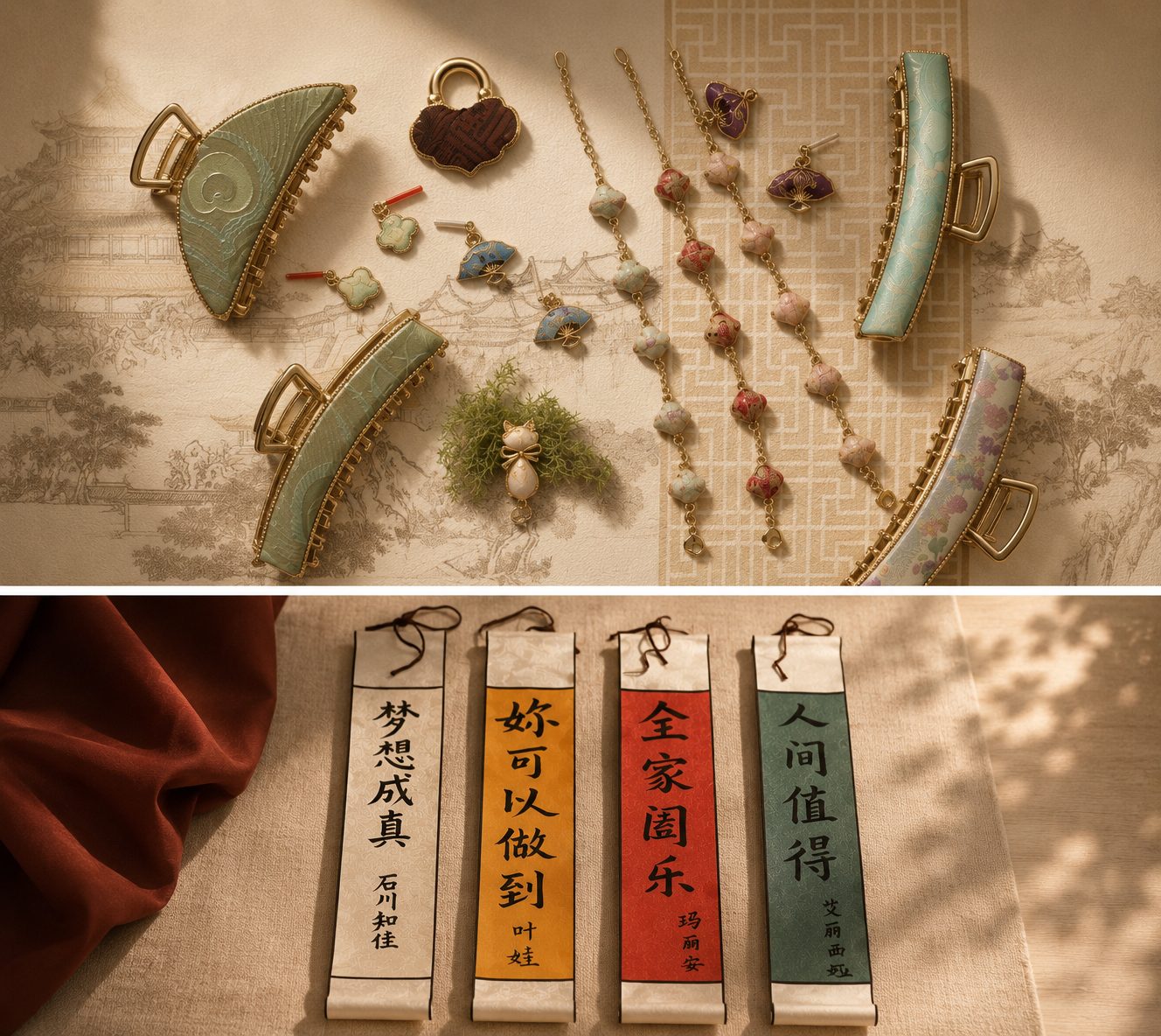Chinese silk brocade accessories and calligraphy wish scrolls.